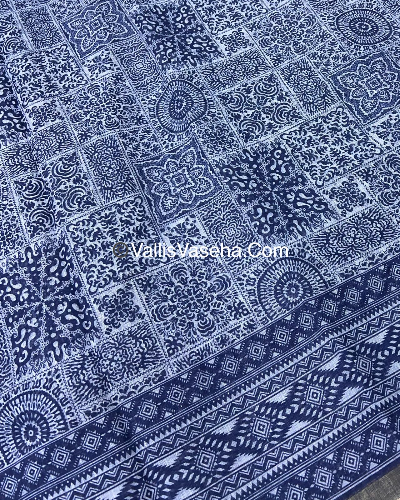 Linen Mixed Cotton Saree - Indigo Blue - Printed - VVLMP001