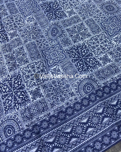 Linen Mixed Cotton Saree - Indigo Blue - Printed - VVLMP001