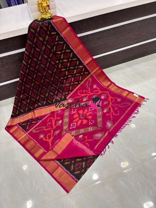 Pochampally Silk Cotton Saree - Brown & Pink Shade - VVPPS001
