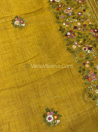 French Knot - Linen Tissue Saree - Mustard Green Shade - Heavy Work Blouse - VVLFN012