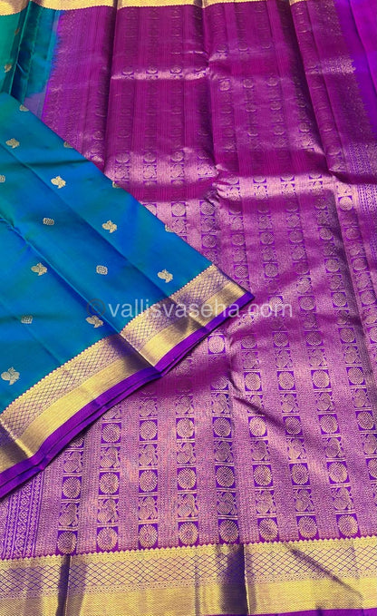 Pure Kanchipuram Silk Saree -  Peacock Blue & Purplish Pink Shade  - VVPS022