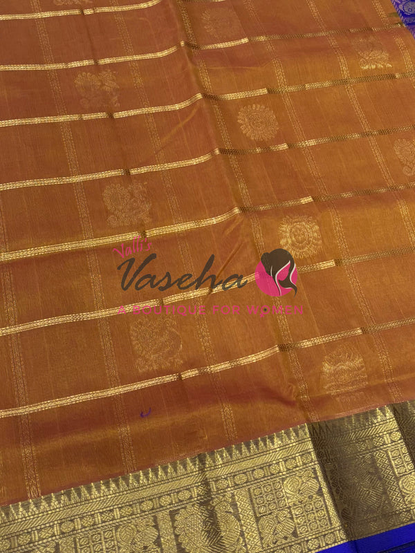 Pure Silk Cotton Saree - Mayil & Chakkaram Design - Shade of Mustard With Blue Shade -VVMC003