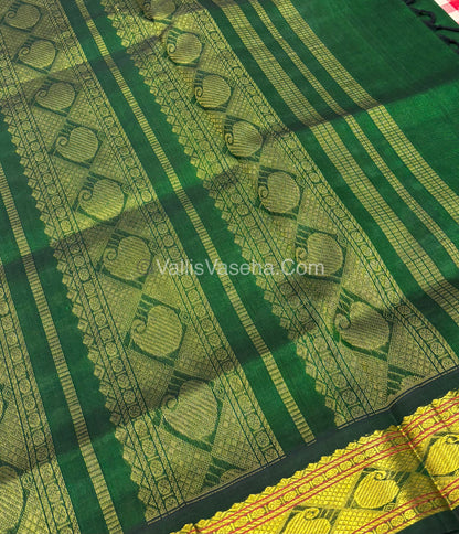 Pure Korvai Silk Cotton With Retta Petta Border - White & Red kattam pattern with Green   - VVKSC003