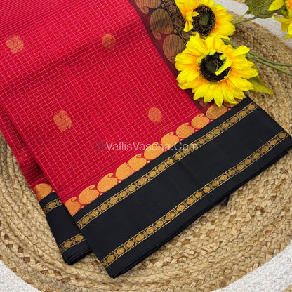 Pure Korvai Silk Cotton - Red  with Black - Checks Pattern - VVKSC008