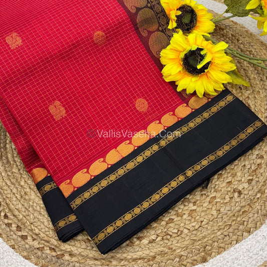 Pure Korvai Silk Cotton - Red  with Black - Checks Pattern - VVKSC008