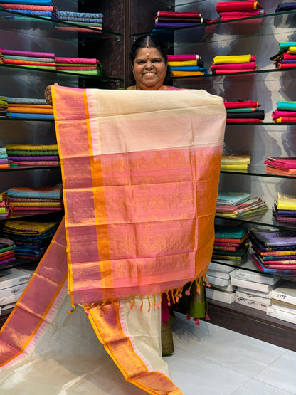 Pre Booking - Pure Korvai Silk Cotton Saree - Half white with Peachish Yellow Combo - Temple border - VVPBSC016