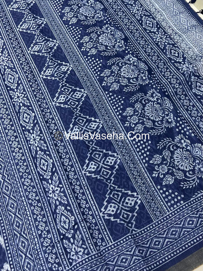 Linen Mixed Cotton Saree - Indigo Blue - Printed - VVLMP001