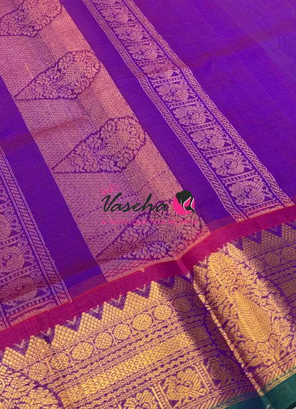 Pure Korvai Silk Cotton Saree - Green with Purple - VVKSC019
