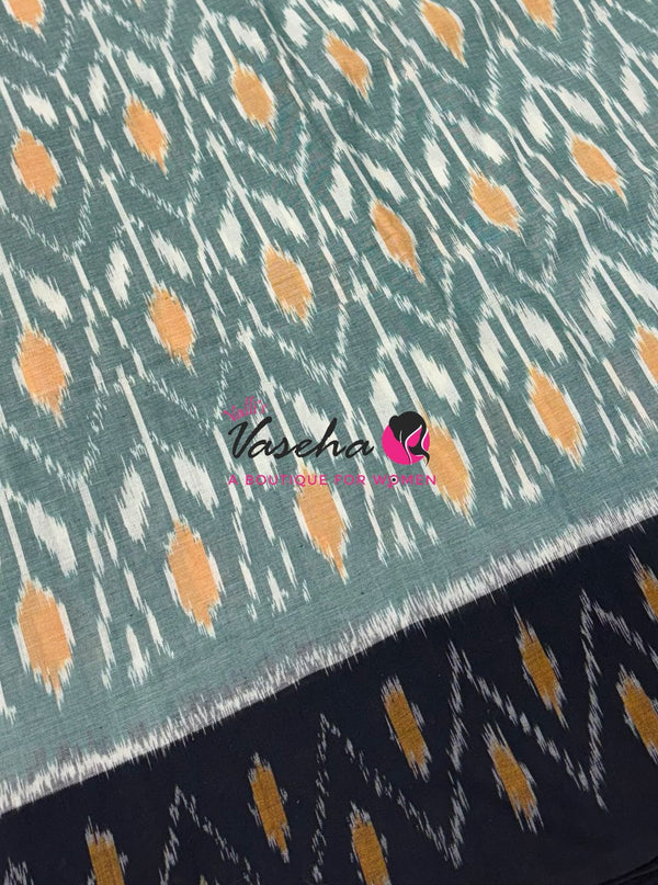 Double Ikkat Pure Cotton Saree -  Blue With Red  - VVIKS002
