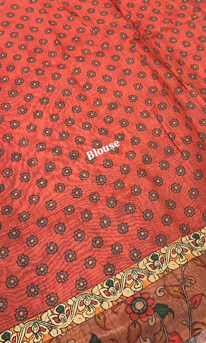 Chanderi Mixed Cotton Saree - Ikkat & kalamkari design  - VVCC002