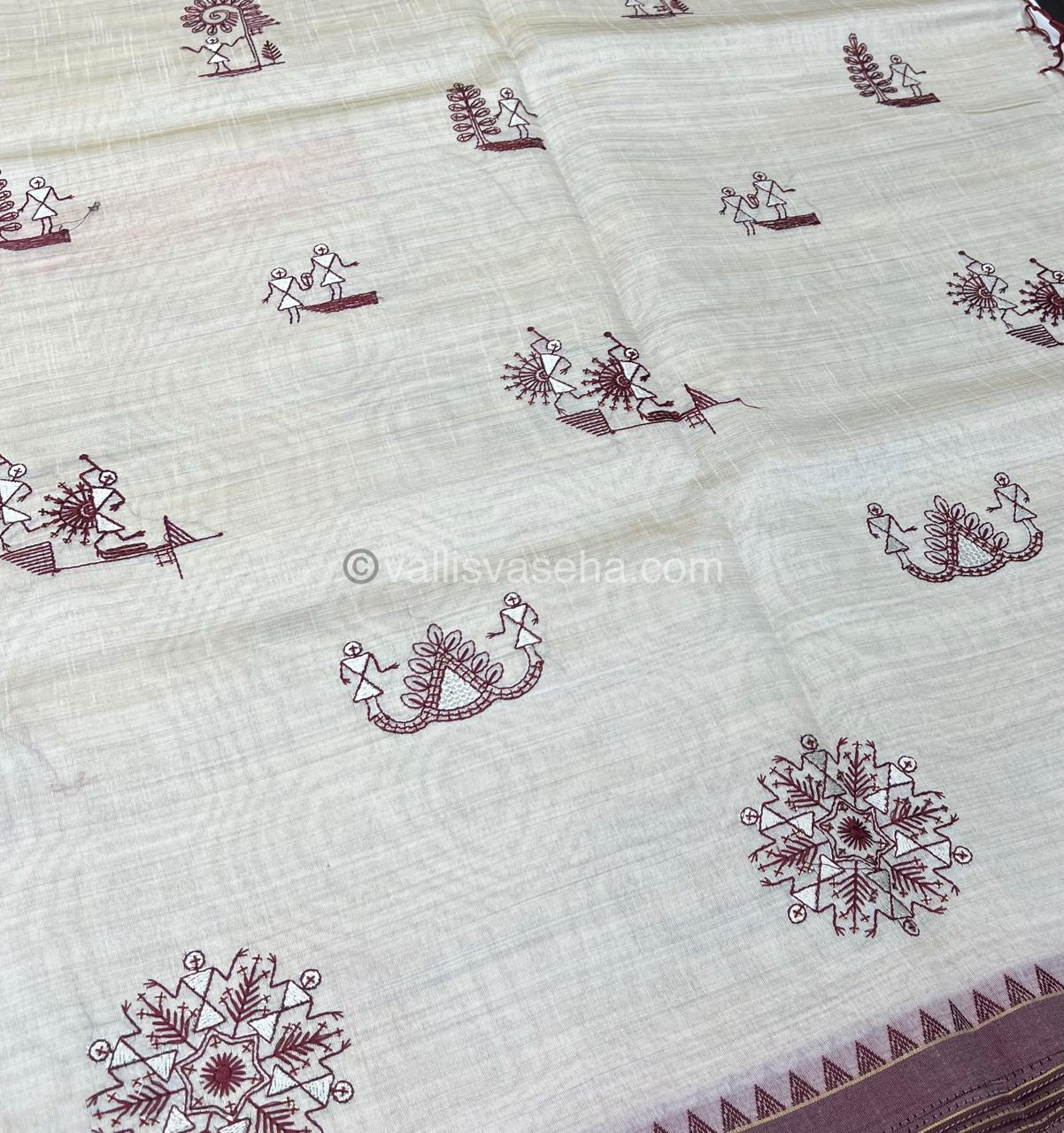 Semi Tussar Embroidery - Cream with Merun Combo - VVSTE001