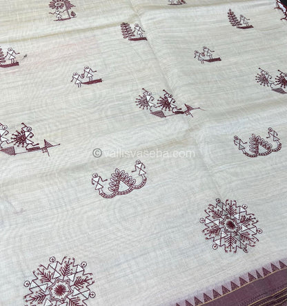 Semi Tussar Embroidery - Cream with Merun Combo - VVSTE001