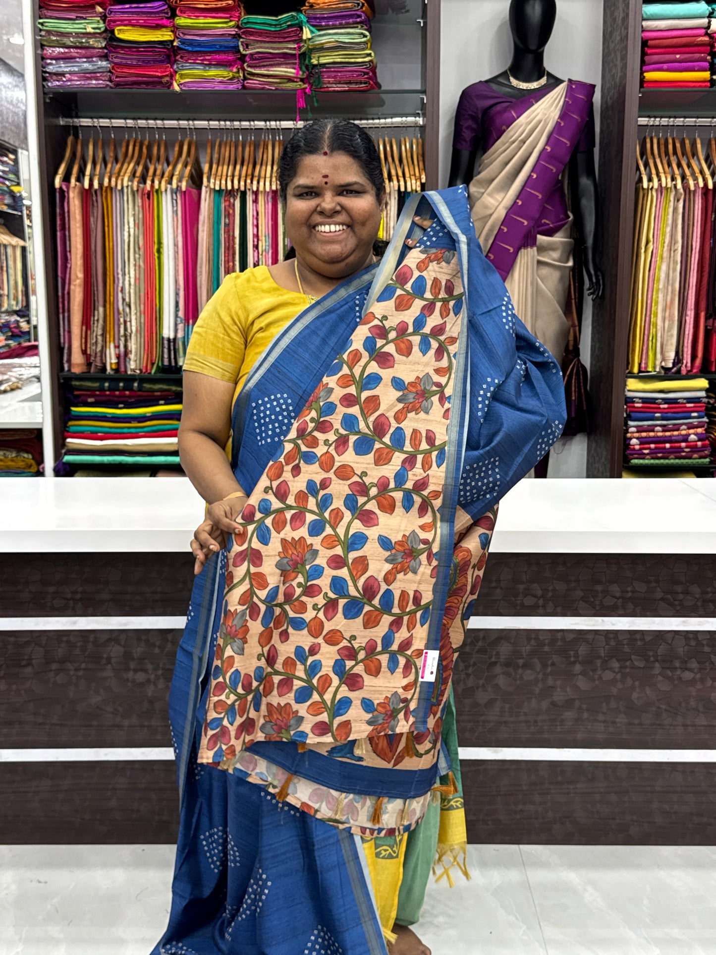 Semi Matka Tussar Silk Saree - Bandhini pattern - Blue Shade - VVSMT001