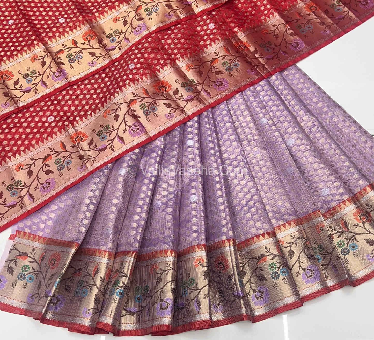 Unstitched - Lehenga Material - Zari Kota Tissue -  Lavender & Red - VVULM001