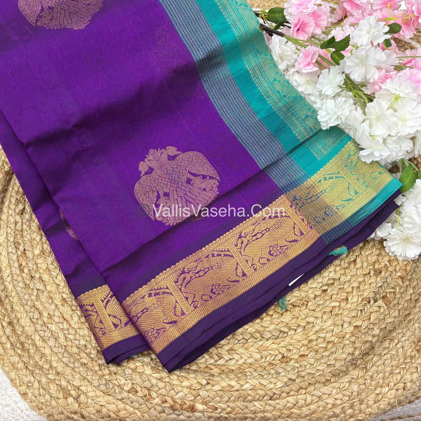 Pure Silk Cotton Sarees - Purple With Sea Blue Shade - VVPSC009