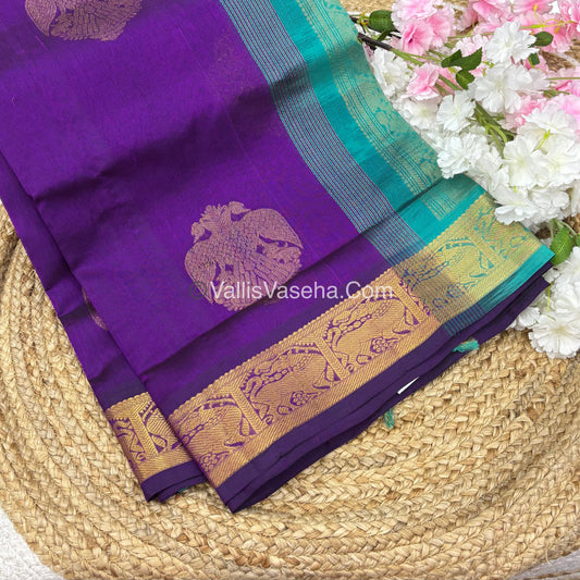 Pure Silk Cotton Sarees - Purple With Sea Blue Shade - VVPSC009