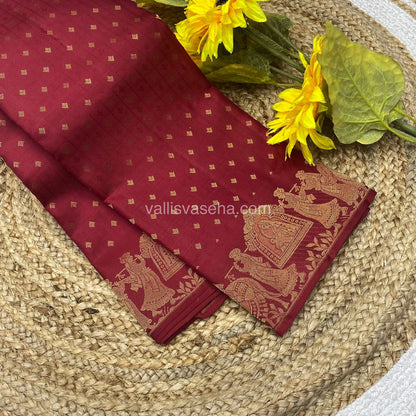 Pure Kanchipuram Silk Saree - Lakdhadeepam Butta with Self embossed Checks & Pallaku Design Self Border- Maroon shade  - VVPS006