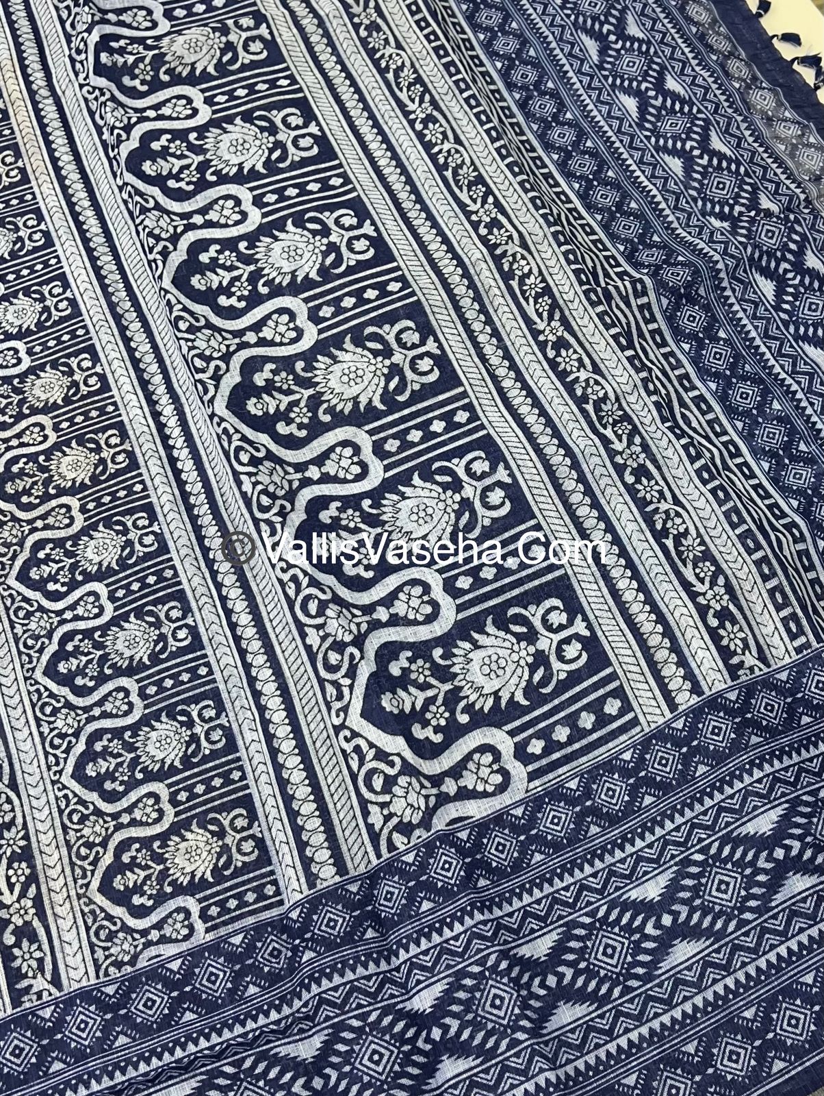 Linen Mixed Cotton Saree - Indigo Blue - Printed - VVLMP001