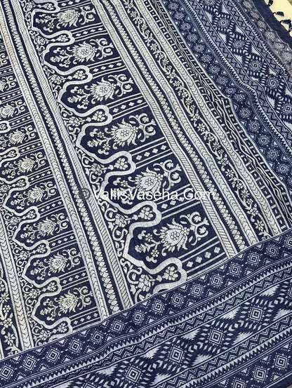 Linen Mixed Cotton Saree - Indigo Blue - Printed - VVLMP001