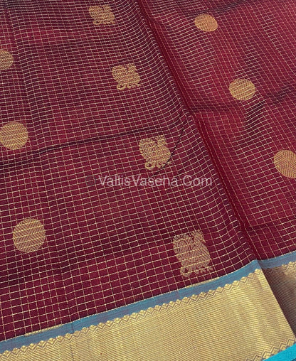 Pure Silk Cotton Saree - Mayil & Chakkaram Design - Maroon with Turquoise Blue - VVMC002