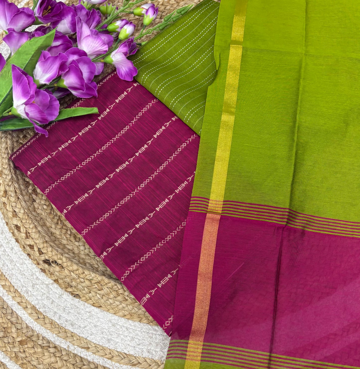 Unstitched Salwar Material -Raw Silk - Pink with Green Shade - VVUSM004