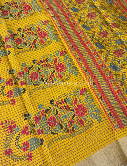 Light Weight Fancy Mixed Kota Cotton - Floral Design Printed Saree - Yellow Shade - VVKPC002
