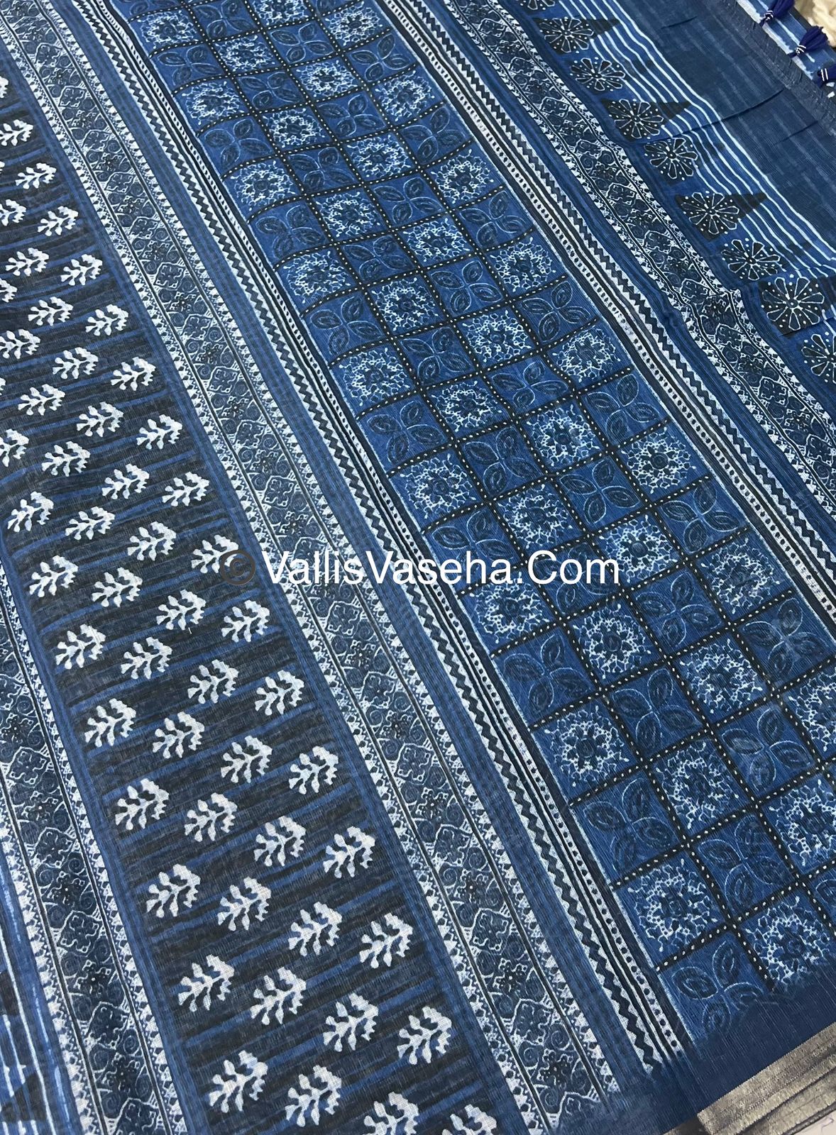 Linen Mixed Cotton Saree - Indigo Blue - Printed - VVLMP001