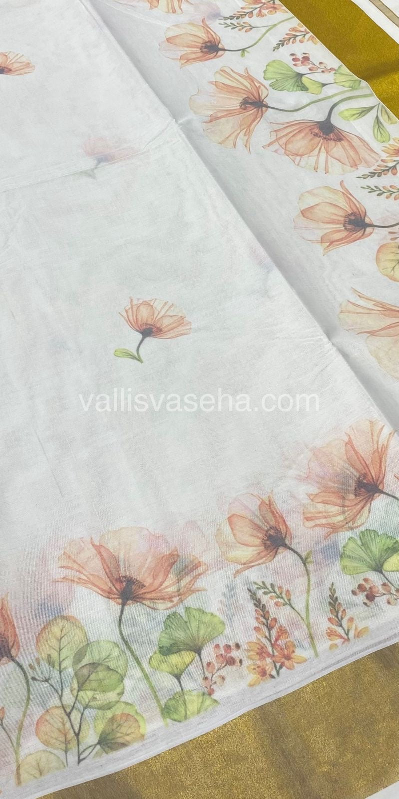 Kerala Cotton Saree - Cream With Golden Border - VVKCS001