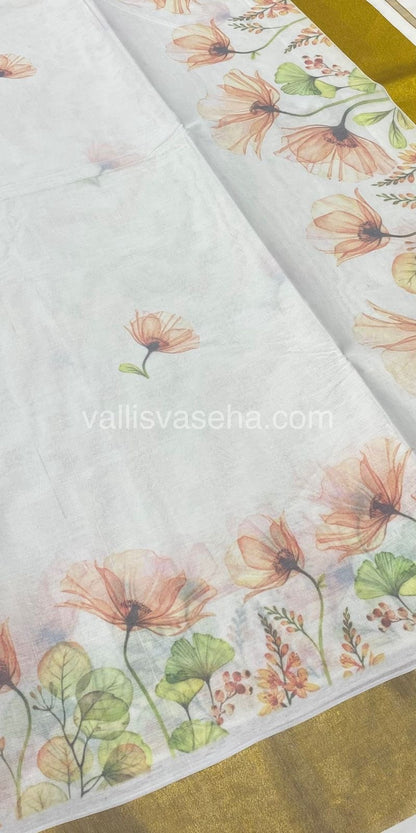 Kerala Cotton Saree - Cream With Golden Border - VVKCS001