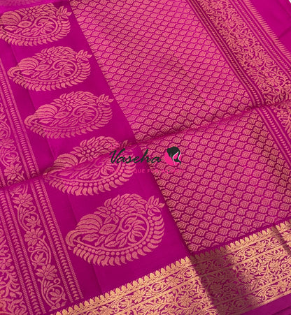 Pure Soft Silk Saree - Peachish Orange With Pink - Velum & Mayilum - Kanchi Border - VVPSS015