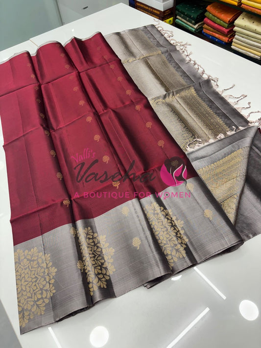 Pure Soft Silk Saree - (1.75 Warp) Shade Of Maroon & Grey Combo - VVPSS064
