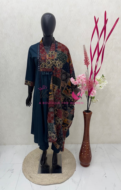 Readymade 3pc Set - Ramar Blue - Collar Neck - Kalamkari / Ajrakh Design - VVRMS010