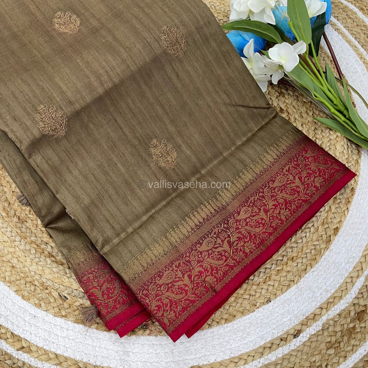 Bamboo Silk Saree - Dark Beige with Red Shade - VVBSS001