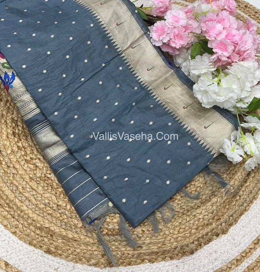 Semi Raw Silk - Paithani Design Weaving - Grey Shade - VVRS005