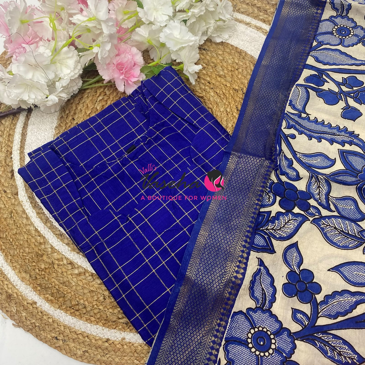 Ready Made - Semi Raw Silk Kurti with Chennur Silk Kalamkari Duppatta - Violetish Blue - 2pc Set - VVSRK002