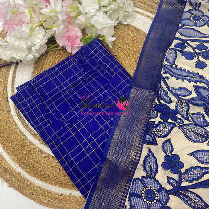 Ready Made - Semi Raw Silk Kurti with Chennur Silk Kalamkari Duppatta - Violetish Blue - 2pc Set - VVSRK002