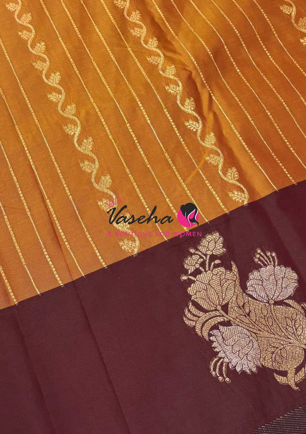Semi Soft Silk -  Mustard Yellow With Maroon Combo - VVSSS039