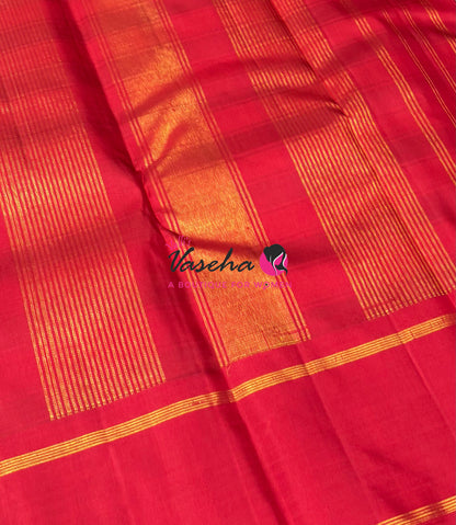 Pure Korvai Kanchipuram Silk Saree - Checks Pattern - Black & White with Red Combo - VVPS015