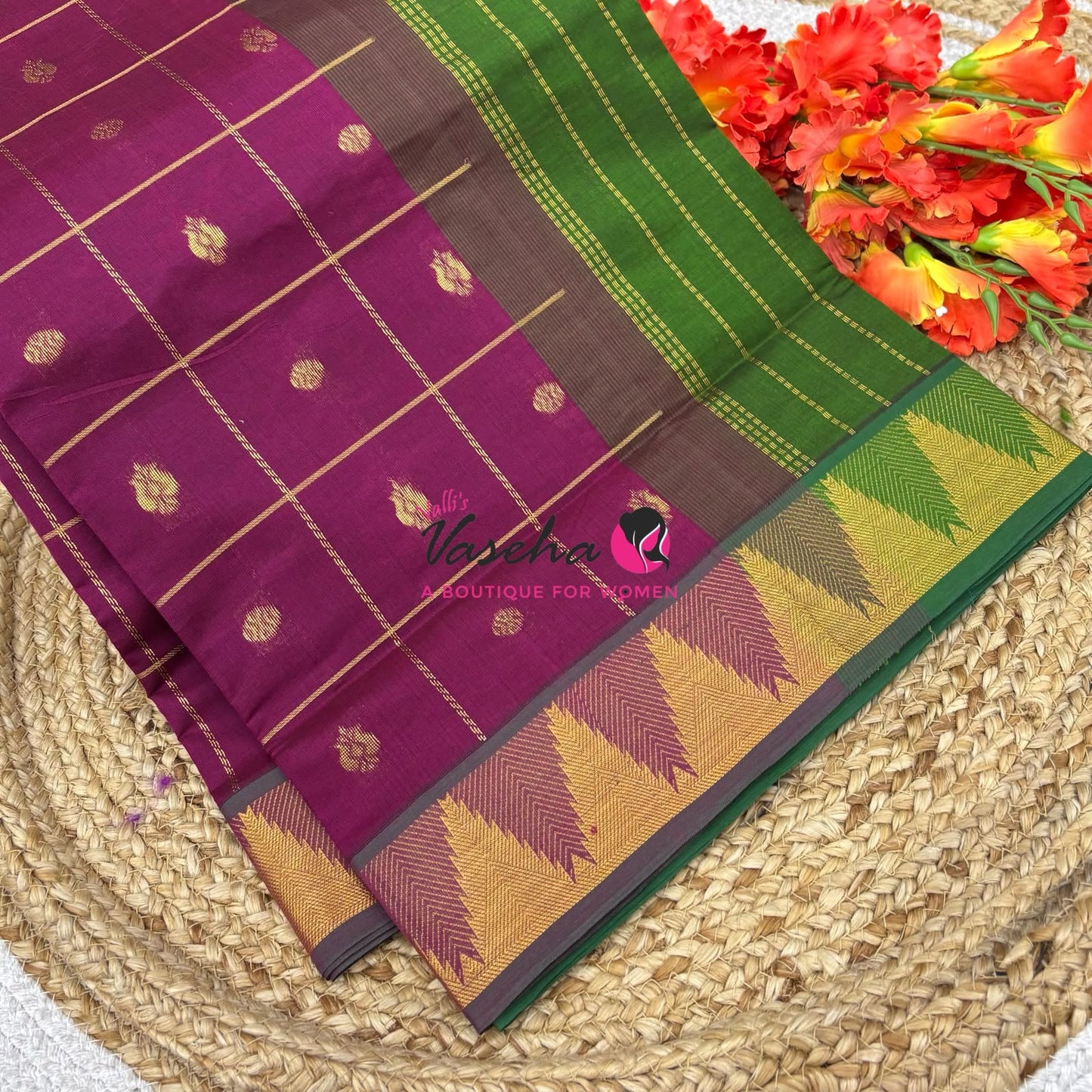 Semi Silk Cotton Saree - Checked Pattern with Butta  - VVSSC012