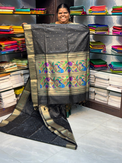 Semi Raw Silk - Paithani Design Weaving - Black Shade - VVRS005