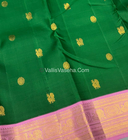 Pure Kanchipuram Silk Saree - Green With light Pink Shade  - VVPS022