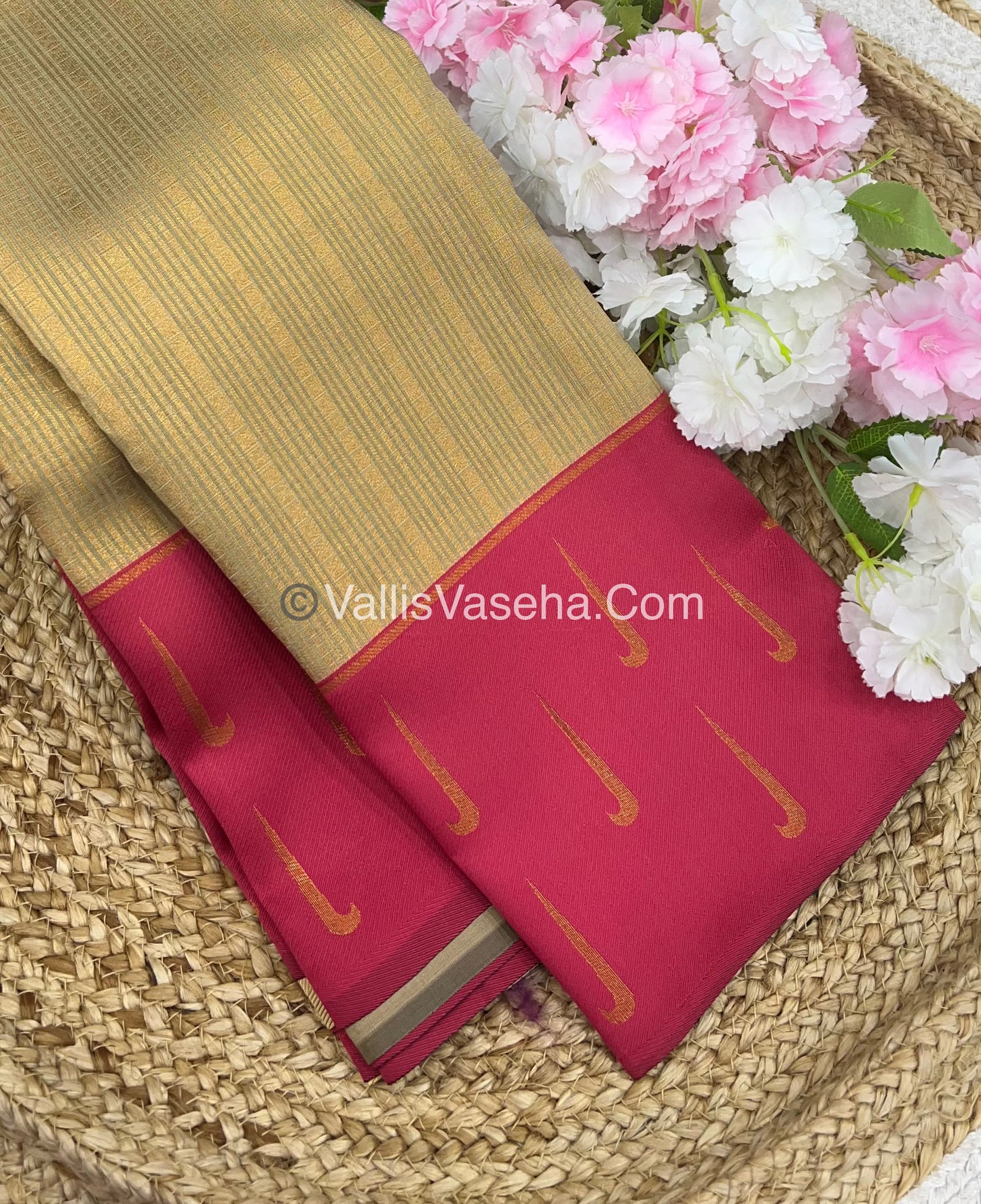 Kanchi Semi Silk  - Cream  with Pink- VVKSS001