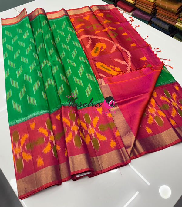 Pure Soft Silk Saree  - Pochampally Weaving - Green & Peach Combo - VVPSS110