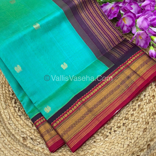 Pure Korvai Silk Cotton Saree - Sea Blue with Brown- VVKSC004
