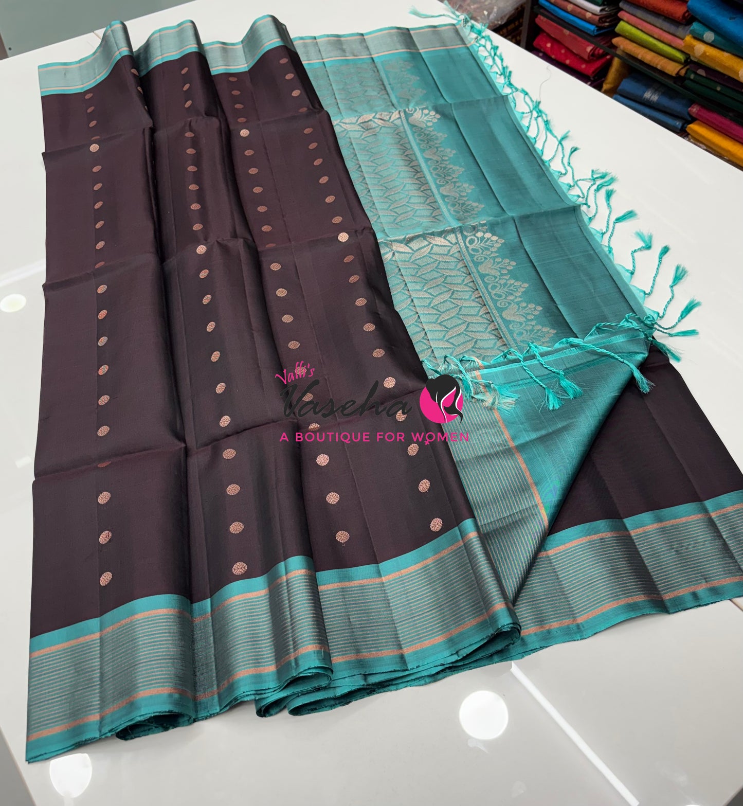 Half Mixed  Soft Silk Saree - (1.75 warp)Brown & Blue - VVPSS090