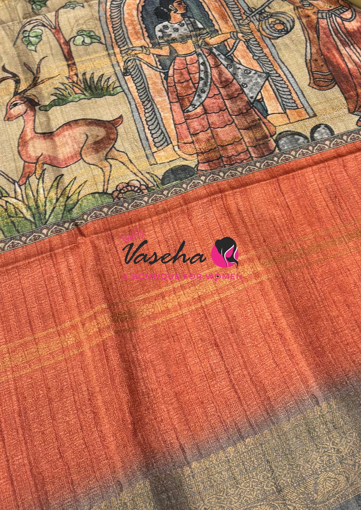 Semi Art Silk Saree - Rust Orange& Grey Shade - VVSAT001