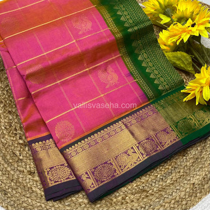 Pure Silk Cotton Saree - Mayil & Chakkaram Design - Peachish Pink with Green - VVMC001