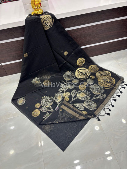 Linen Mixed Jute Silk Saree - Black Shade - VVLMJ002