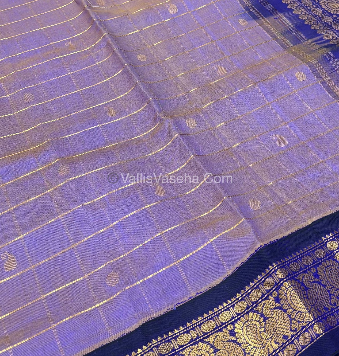Pure Korvai Silk Cotton Saree - Light Lavender With Blue - VVKSC020