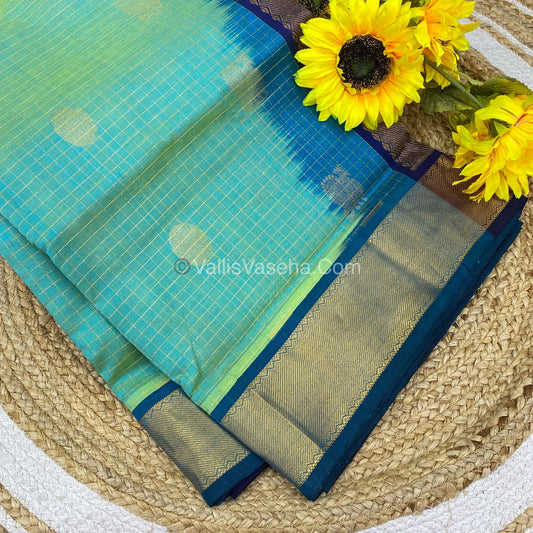 Pure Silk Cotton Saree - Mayil & Chakkaram Design - Double Tone Blue with Blue Combo - VVMC002